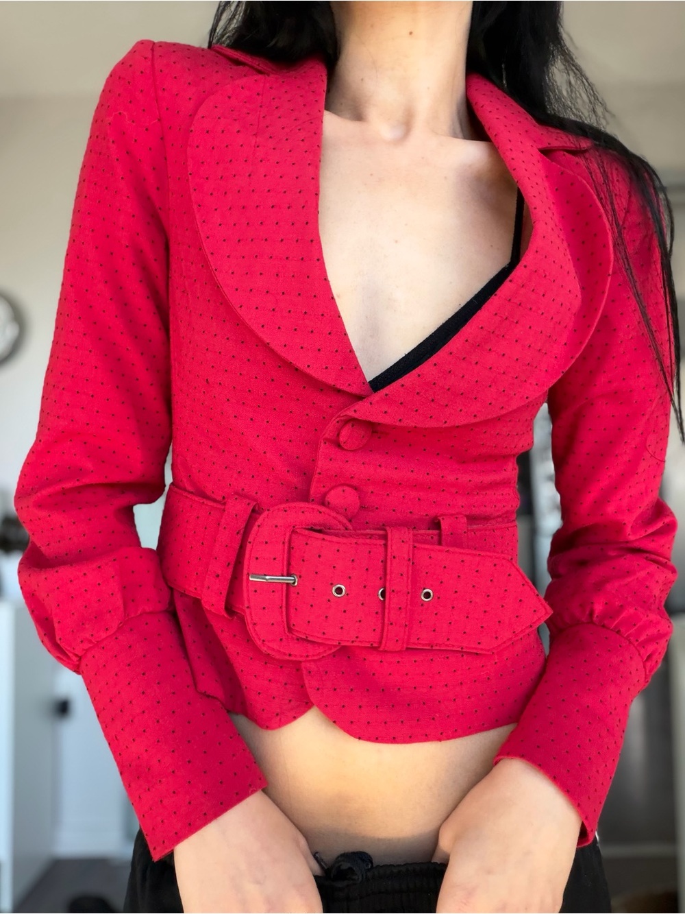 Red Belted Women's Tailored Blazer Jacket